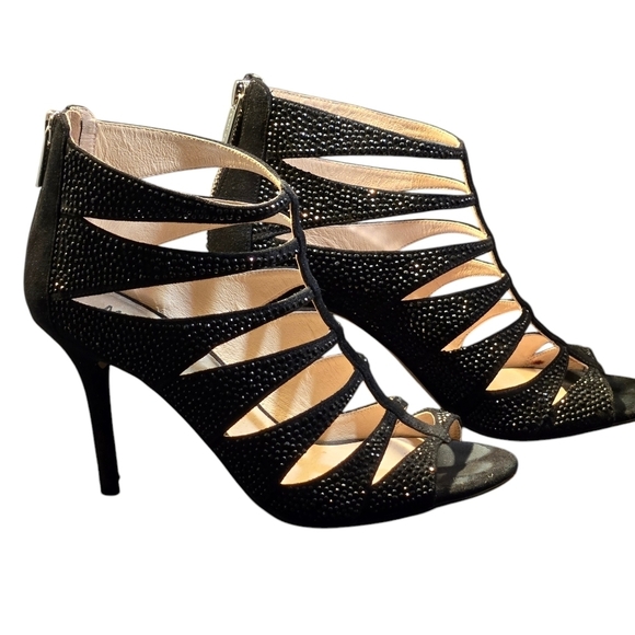 MICHAEL Michael Kors Woman's Mavis Open Toe Black Suede Heel Sandals w/ Crystals - Picture 3 of 13